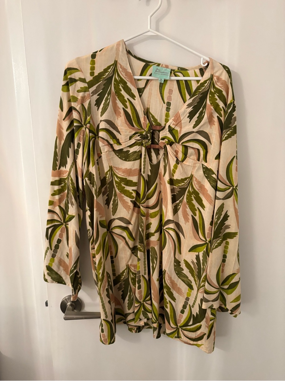 Boho Palm-Print V-Neck Tunic Top - Beige and Olive